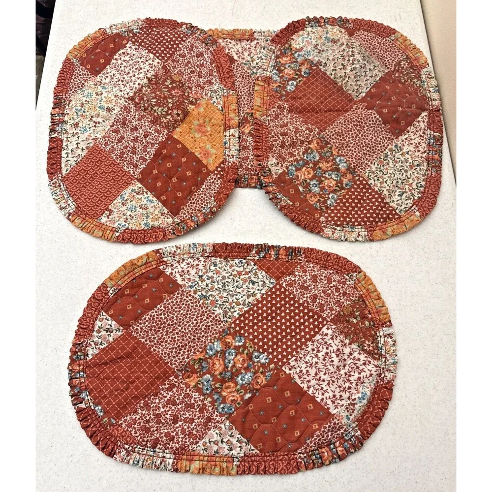Handmade Vintage Quilted Placemats Set of 4 Patchwork Fall Colors Oval Trim